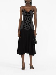 Alessandra Rich Pinstripe lace-up Midi Dress - Farfetch Punk Dress, Grey Midi Dress, Alessandra Rich, Gray Silk, Silk Midi Dress, Lace Midi, Mid Dresses, Lace Midi Dress, Pink Mini Dresses