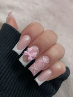 nails, coquette, bow, pearls, white french Short French Tip Acrylic Nails With Bow, Nail Inspired Square, Nail Ideas For 10 Yr, Girly Acrylic Nails Almond, Mail Inspo 2024, Cute Medium Length Nails, Pink And White Nail Designs, Girly Coquette Aesthetic, Corset Nails