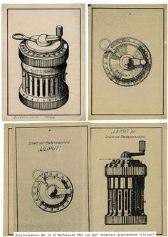 four different types of machines are shown in black and white ink on old paper, with the same type of machine as well