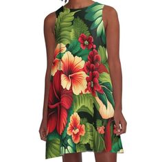 Loose-fit, mid-length sleeveless dress with silky handfeel. Printed on both sides. Machine washable. Size range XS-2XL. Have a festive Christmas! Sleeveless Tropical Party Dress, Sleeveless Tropical Style Party Dresses, Hawaiian Sleeveless Spring Dress, Green Tropical Sleeveless Mini Dress, Green Sleeveless Tropical Mini Dress, Sleeveless Tropical Green Mini Dress, Holiday Sleeveless Mini Dress With Floral Print, Sleeveless Floral Print Mini Dress For Holiday, Multicolor Sleeveless Hawaiian Dress