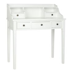 a white desk with two drawers and a shelf on top of it, against a white background