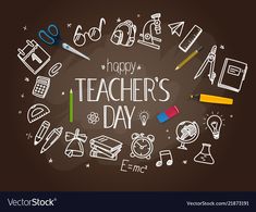 happy teacher's day card with doodles and pencils on chalkboard background