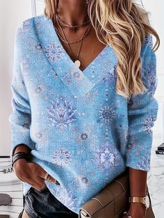 Floral Print Sweatshirt, Long Sleeve V Neck Pullover Sweatshirt, Casual Tops For Fall & Winter, Women's Clothing Printed Tops For Fall Loungewear, Printed Tops For Loungewear In Fall, Casual Long Sleeve Printed Sweater, Casual Blue V-neck Sweatshirt, Relaxed Fit Printed Winter Tops, Winter Printed Tops With Relaxed Fit, Winter Tops With Relaxed Fit And Printed Details, Relaxed Fit Long Sleeve Printed Sweatshirt, Long Sleeve Printed Sweatshirt With Relaxed Fit