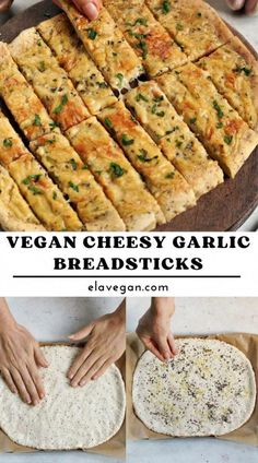 vegan cheesy garlic breadsticks are being cut into squares