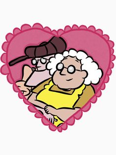 an old woman with white hair and glasses in a heart shaped frame on a pink background sticker