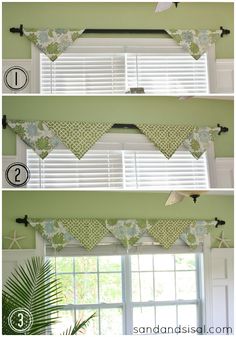 three pictures showing how to make a window treatment