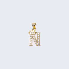 14K Gold Crowned Initial Alphabet Letter “N” Cubic Zirconia Stone Pendant Charm Luxury Initial Pendant Jewelry, Luxury Fine Jewelry Initial Pendant Necklace, Luxury Cubic Zirconia Jewelry With Initials, Luxury Symbolic Initials Jewelry, Luxury Diamond Jewelry With Initials, Luxury Fine Jewelry Initial Pendant, Luxury Initials Diamond Jewelry, Luxury Initial Pendant Jewelry For Anniversary, Luxury Diamond Cut Initial Pendant Jewelry