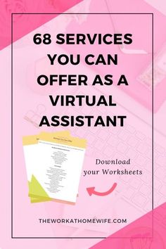 a pink background with text that reads, 68 services you can offer as a virtual assistant