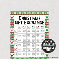 christmas gift exchange printables with the words, us lettered editible pdfs