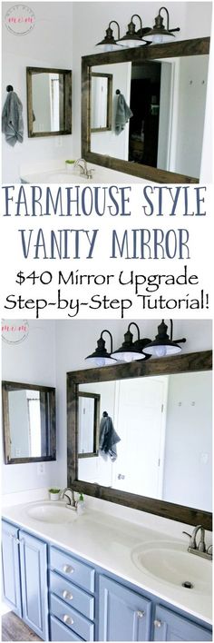 the bathroom vanity mirror is painted blue and has two mirrors above it, with text overlay that reads farmhouse style vanity mirror