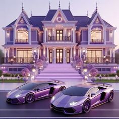 two purple sports cars parked in front of a large house with stairs leading up to it