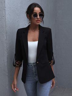 Black Elegant Collar Three Quarter Length Sleeve Polyester Leopard Print Regular Embellished Non-Stretch Spring/Fall Women Suits Black Blazer Casual, Women Blazers, Women Suits, Roll Up Sleeves, Casual Blazer, Black Blazer, Trendy Fashion Women, Black Blazers, Blazers For Women