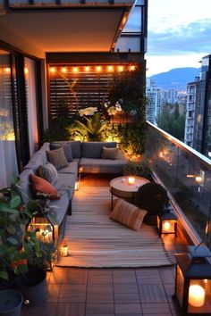 an outdoor living area with candles lit up