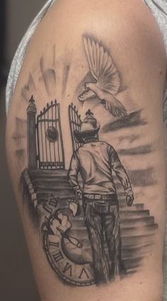 a man with a clock and bird on his arm