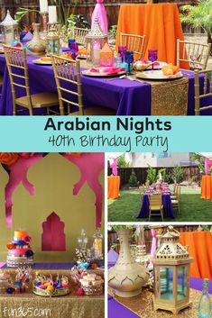 arabian nights birthday party with purple, orange and gold decorations