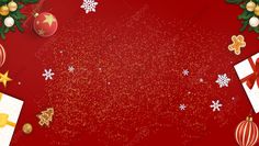 christmas decorations and presents on a red background with snowflakes, baubles and stars