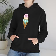 This ironic hoodie expresses an ironic hunger for smashing capitalism and putting ads for luxury American goods where they belong - in museums. The perfect gift for your friend that's tired of the rich getting richer while social security is left to die. This unisex heavy blend hooded sweatshirt is relaxation itself. Made with a thick blend of cotton and polyester, it feels plush, soft and warm, a perfect choice for any cold day. In the front, the spacious kangaroo pocket adds daily practicality Eat The Rich, Ice Cream Cone, How To Get Rich, Social Security, Cold Day, Hoodie Sweatshirt, Kangaroo Pocket, Hooded Sweatshirt, San Jose