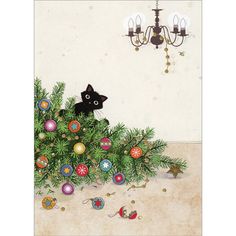 Bug Art Black Cat Peeking Behind Fallen Tree Cute / Funny Christmas Card This Christmas card is produced by Bug Art and has no verse on the interior. The card measures 4.6x6.6 inches and is printed on heavy cardstock. Includes 1 card and 1 envelope. The card has the following special features: embossed, gold foil. From the Bug Art line of cards. This card is blank on the interior. Card Size: 4.6x6.6 inches Includes: 1 card / 1 gold shimmer envelope Special Features: Embossed, Gold Foil Paper Stock: Heavy Cardstock Cat In Christmas Tree Drawing, Cat In A Christmas Tree, Funny Cat Christmas Cards, Artistic Christmas Cards, Wallpaper Gatos, Christmas Tree Illustration, Christmas Card Illustration