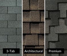 three different types of roofing shingles with the same color and width as shown