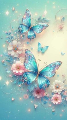 blue butterflies and pink flowers on a light blue background with sparkles in the sky