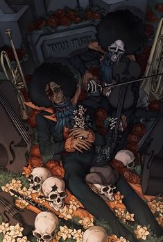 a painting of two people sitting on top of a grave surrounded by skulls and flowers