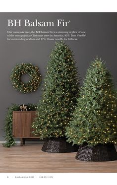 three christmas trees with lights on them in front of a gray wall and wooden floor