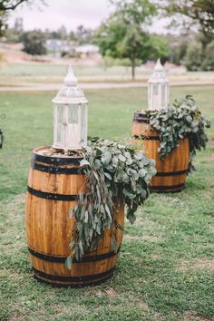 two wooden barrels with plants growing out of them on the grass in front of trees