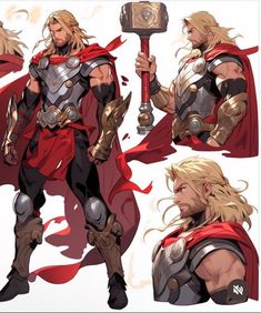 the concept art for thor is shown in three different poses and looks like he's holding