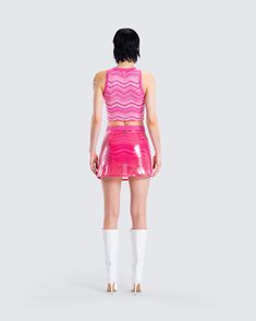 Leave them speechless when you walk in wearing this fit 🍬 Featuring a pink zig zag knit top, matching booty shorts, and a pink sequin mini skirt - this full three-piece set is the pop of pink you have been waiting for 💅 Pink Fitted Mini Skirt For Night Out, Pink Fitted Top With Short Length, Pink Fitted Short Length Tops, Pink Fitted Short-length Tops, Fitted Short Length Pink Tops, Trendy Pink Short Length Top, Pink Fitted Mini Skirt Y2k Style, Pink Sequin Mini Skirt For Summer, Summer Pink Sequined Mini Skirt