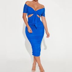 Fashion Nova - Nwt Simple And Sweet Mesh Ruched Dress/ Size L Ruched Midi Dress Royal Blue Off Shoulder Short Sleeve Front Cut Out Detail Bow Detail Back Zipper Lined Stretch 95% Nylon 5% Spandex Lining 100% Polyester Blue Ruched Midi Dress, Blue Ruched Dresses For Brunch, Spring Blue Ruched Bodycon Dress, Blue Ruched Short Sleeve Dress, Blue Short Sleeve Ruched Dress, Flirty Blue Ruched Bodycon Dress, Blue Flirty Ruched Bodycon Dress, Blue Ruched Flirty Bodycon Dress, Light Blue Ruched Bodycon Dress