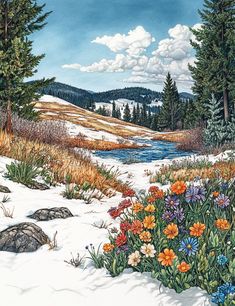 a painting of flowers and trees in the snow by a stream with rocks on it