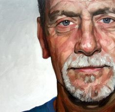 a painting of an older man with white hair and blue shirt looking at the camera