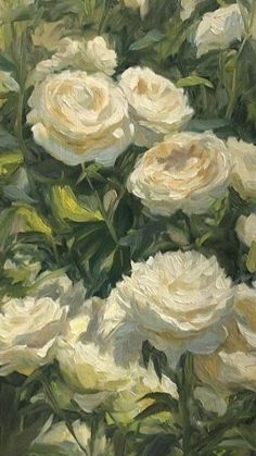 a painting of white roses in a vase