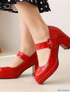 OrcaJump - Women Chunky Heel Square Toe Sweet Daily PU Leather Ankle Strap Spring Summer Solid Color White Black Red Red Mary Jane Heels For Spring, Red Retro Heels For Fall, Retro Red Heels For Fall, Red Mary Jane Heels, Summer Heels, Womens Chunky Heels, Rubber Heels, Chunky Heel, Chunky Heels