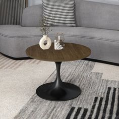 a living room with a couch, table and pillows on the carpeted flooring