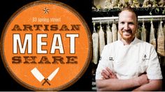 a man standing in front of an orange sign with the words artisan meat share