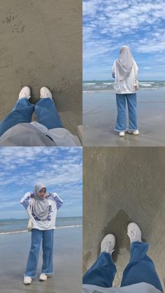 Beach Ootd Hijab Casual, Foto Ootd Aesthetic, Pose Foto Aesthetic Hijab, Beach Poses Hijab, Beach Ootd Hijab, Ootd Mantai, Beach Outfit Hijab, Ootd Beach, Muslimah Fashion Casual