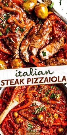 italian steak pizza with tomato sauce in a skillet