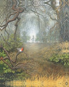 a painting of a person walking through a forest with trees and grass in the foreground