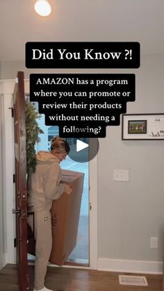 a woman standing in front of a door with the words did you know? amazon has a program where you can promote or review their products without needing a following a follow