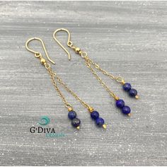 Beautiful Lapis Lazuli long dangle earrings made with gold filled or sterling silver. Delicate earrings that you can wear everyday or in any special occasion. Perfect touch for a sophisticated women who love be in style.  This gorgeous royal blue bead earrings are wire wrapped with a 14k gold filled or 925 sterling silver wire and chain. Something blue gift for weddings. September birthstone earrings. Lapis Lazuli : 4mm natural stone  14k gold filled chain 14k gold filled wire 14k gold bead 3mm GIFTS All my items are individually wrapped in a branded jewelry gift box. We can ship directly to your recipient. HOW TO ORDER: 1st Drop down menu * Select which STONE option you would like (See listing photos for options) 2nd Drop down menu * Select the material of you would like CONNECT WITH US F Elegant 14k Gold-filled Jewelry With Dangling Beads, Sterling Silver Gold Earrings With Dangling Beads, Gold Sterling Silver Earrings With Dangling Beads, Gold Sterling Silver Jewelry With Dangling Beads, Blue 14k Gold Dangle Jewelry, Gold Lapis Lazuli Pierced Earrings, Gold Pierced Earrings With Lapis Lazuli, Gold Lapis Lazuli Drop Earrings, Gold Lapis Lazuli Earrings