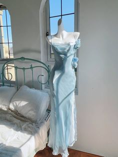 Elegant Ice Blue Spaghetti Strap Slim Fitting Women's Dress Rose Decoration Pleated Boat Neck Cyan Dress, Prom Dresses Long Blue, Hot Prom Dress, Pretty Mermaids, The Cardigans, Fairy Dresses, Tulle Sleeves, Cottagecore Fashion, Coat Outfit