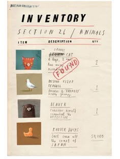 an old poster with animals and birds on it's back side, including the words in inventory