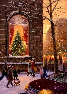 a painting of people walking in the snow near a building with a christmas tree on it