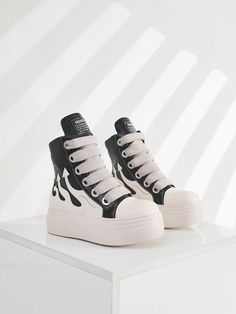 Lace-Up Front High Top Skate Shoes Pu Leather Sport Shoes With Side Zipper And Comfortable Soft Sole Black and White     Colorblock    Women Shoes, size features are:Bust: ,Length: ,Sleeve Length: Fire Shoes, Sport Boots, Boots Women Fashion, Womens Boots Ankle, Skate Shoes, White Collar, Fashion Boots, High Top, Aesthetic Clothes