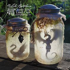 two jars that have some kind of shadow on them, and one has a lizard in it