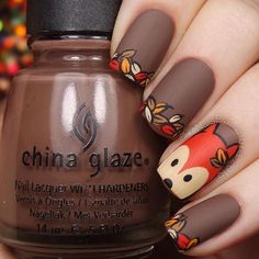 nails painted with a fox design art and autumn leaves Fox Nails, Fall Nail Art Designs, Simple Nail Art Designs, Thanksgiving Nails, Fall Nail Art, Short Hairstyle