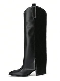 Black Cowgirl Boots for Women:  presents these knee-high boots that perfectly encapsulate the western style. The black color adds a touch of sophistication, making them ideal for any cowgirl-inspired outfit.
 Fashionable Fold Over Design: These boots feature a unique fold-over design that sets them apart. The pointed toe shape enhances their stylish appeal, making them a must-have addition to your wardrobe.
 Perfect for Parties: With their chic design and comfortable fit, these boots are perfect Knee-high Boots For Ranch In Winter, Winter Knee-high Boots For Rodeo, Black Western Knee-high Boots With Square Toe, Black Knee-high Boots For Rodeo In Fall, Black Knee-high Boots For Rodeo, Winter Knee-high Heeled Boots For Ranch, Fitted Black Heeled Boots For Ranch, Western Style Knee-high Boots For Rodeo, Wide Calf Knee-high Boots For Rodeo In Winter