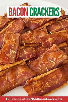 bacon crackers on a white plate with text overlay