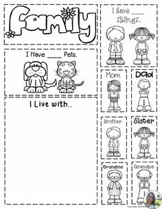 a family worksheet with pictures and words